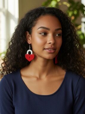 Red Heart Key and Lock Acrylic Statement Earrings